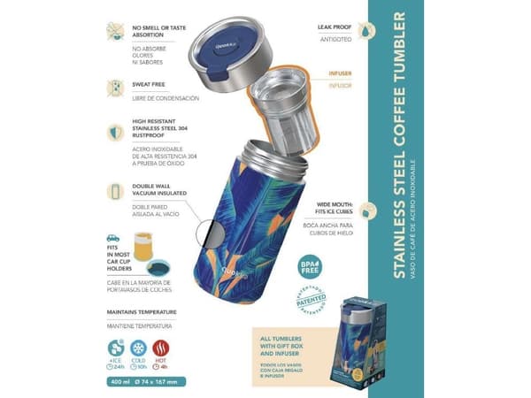 Quokka Boost kaffeglass - termisk krus i rustfritt stål med infuser 400 ml (grønnstein)