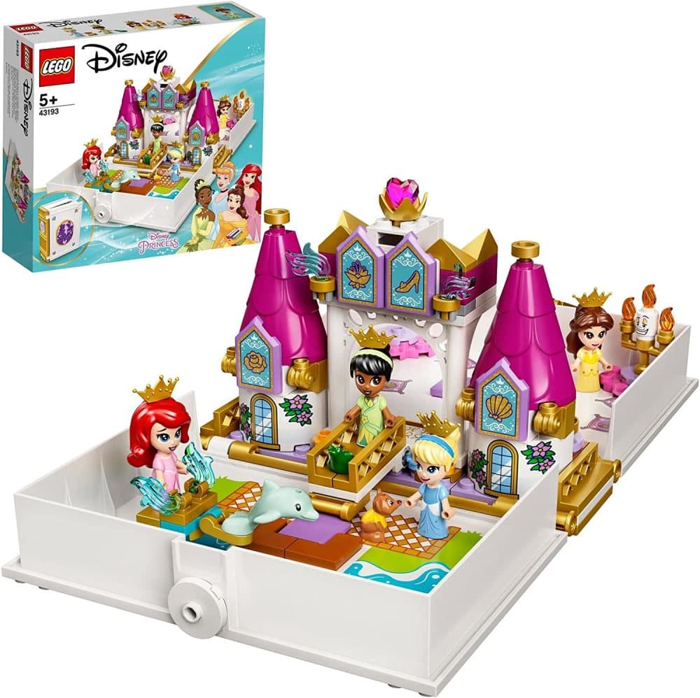 LEGO 43193 Disney Princess sagobok äventyr med Arielle, Belle, Cinderella och Tiana, leksakslås för barn, 4 mikrospelfigurer