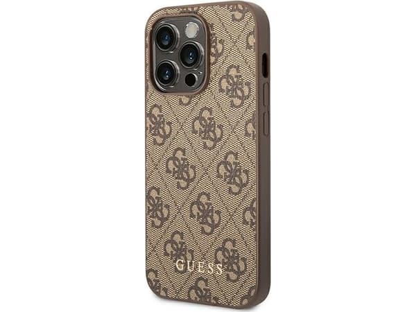 Originalt frontpaneldeksel GUESS GUHCP14LG4GFBR for iPhone 14 PRO (4G gulllogo / brun)