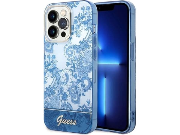 Originalt frontpaneldeksel GUESS GUHCP14XHGPLHB for iPhone 14 PRO MAX (IML Electro Cam TDJ / Blå)