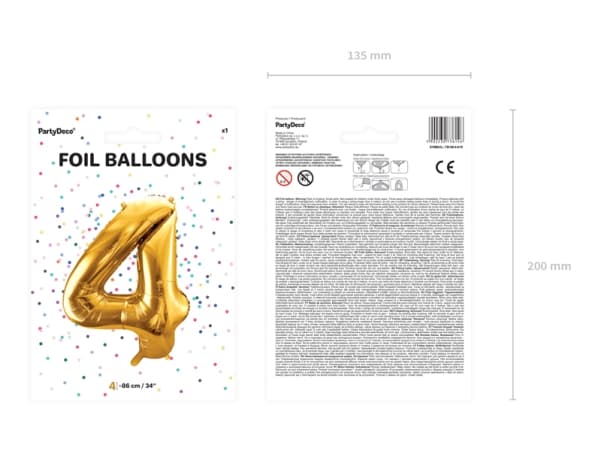 Party Deco Folieballong Nummer "4", 86cm, universalgull