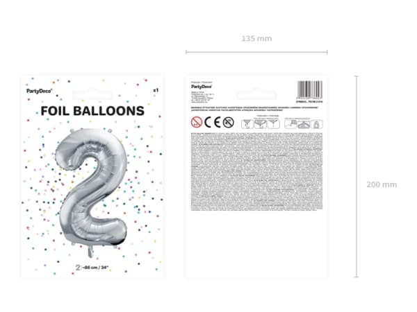 Party Deco folio ilmapallo numero "2", 86cm, hopea universaali