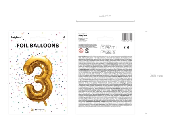 Party Deco Folieballong Nummer "3", 86cm, universalgull