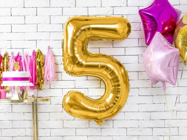Party Deco Folieballong Nummer "5", 86cm, universalgull