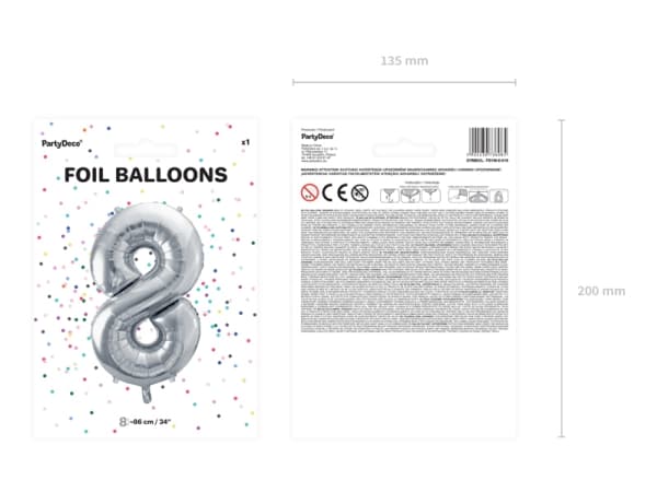 Party Deco folio ilmapallo numero "8", 86cm, hopea universaali