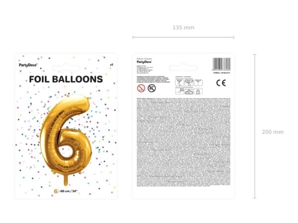 Party Deco Folieballong Nummer "6", 86cm, universalgull