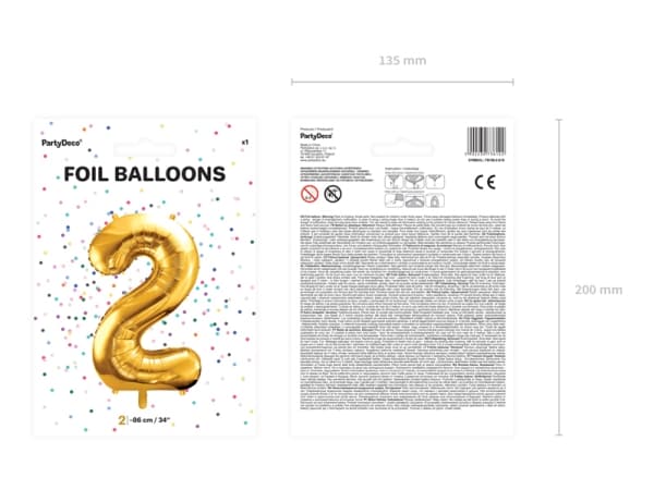 Party Deco Folieballong Nummer "2", 86cm, universalgull