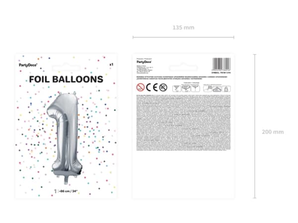 Party Deco folio ilmapallo numero "1", 86cm, hopea universaali