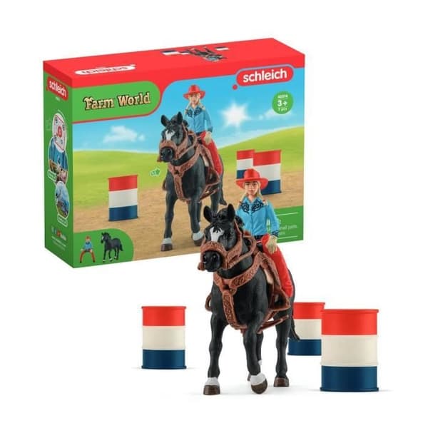 SCHLEICH - Cowgirl och tävlingstunnor - 42576 - Farm World sortiment