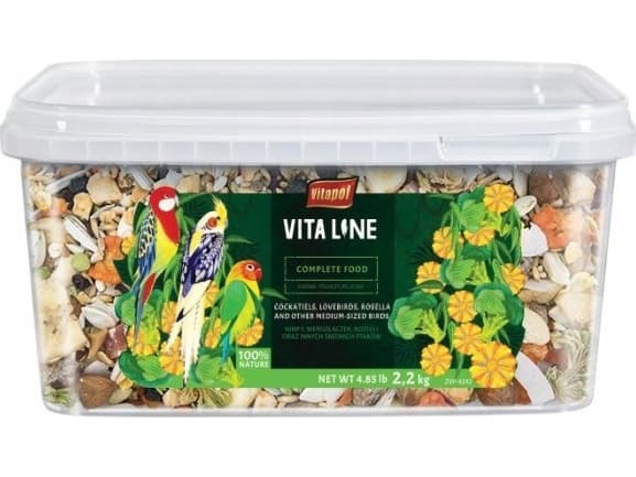 Vitaline Fullfôr for kaketiel, dvergpapegøye, rosella og andre mellomstore papegøyer, 2,2 kg bøtte