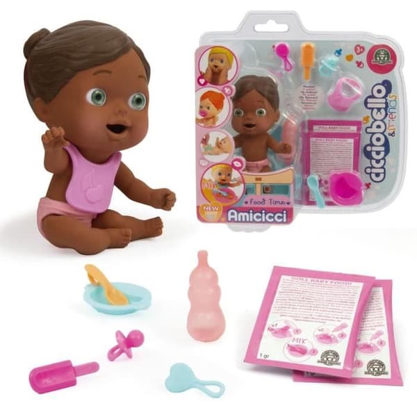 Cicciobello Amicicci, baby med måltidsset och tillbehör, flickmodell i afrostil, leksak för barn från 3 år, CC0223