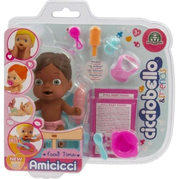 Cicciobello Amicicci, baby med måltidsset och tillbehör, flickmodell i afrostil, leksak för barn från 3 år, CC0223