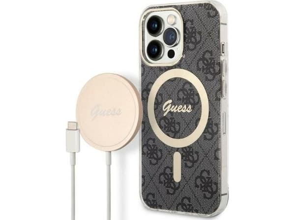 Guess Bundle Pack MagSafe 4G - kotelo + laturi MagSafe iPhone 13 Pro (musta/kulta)