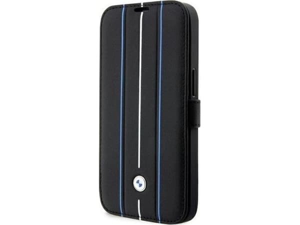 Kotelo BMW BMBKP14L22RVSK iPhone 14 Pro 6.1" musta/musta kirjahylly Nahka sinetti siniset viivat