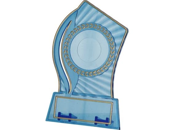 Tryumf Trophy muovi - läpinäkyvä kultainen, jossa on tilaa 25/40mm insertille ja 56mmX18mm T-M plaketti (PS130/BL/G)