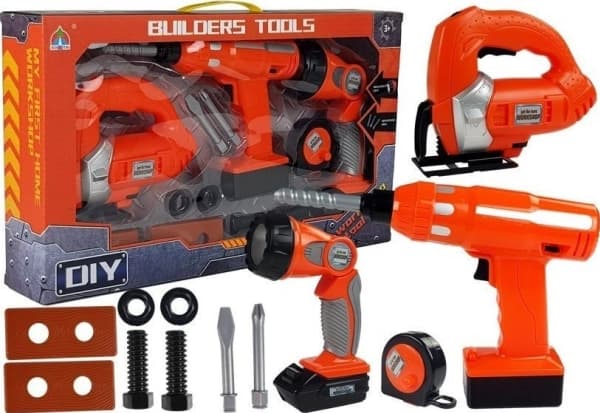 LeanToys DIY borrmaskin, sticksåg, batterifackla 12 artiklar.
