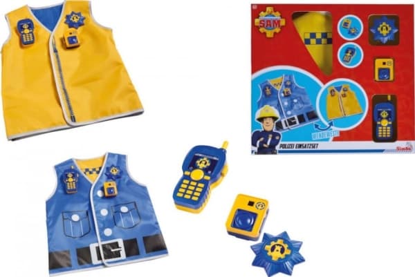Fireman Sam Police Set w/vest, badge, kamera 5cm och walkie-talkie 11cm - tysk version