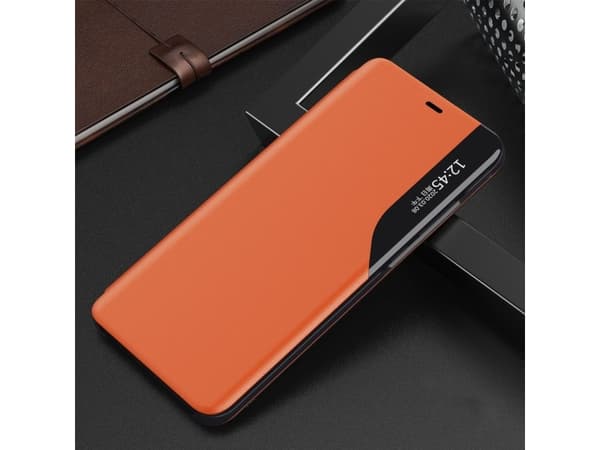 Hurtel Eco Leather View Case elegant deksel med klaff og stativfunksjon for iPhone 13 Pro Max oransje