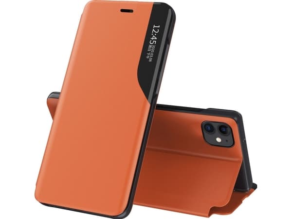 Hurtel Eco Leather View Case elegant deksel med klaff og stativfunksjon for iPhone 13 Pro Max oransje