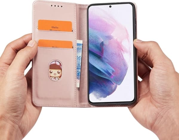 Hurtel Magnet Card Case Deksel for Samsung Galaxy S22+ (S22 Plus) Dekselkort Lommebok Kortstativ Rosa