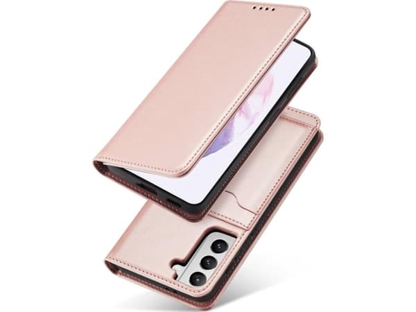 Hurtel Magnet Card Case Deksel for Samsung Galaxy S22+ (S22 Plus) Dekselkort Lommebok Kortstativ Rosa