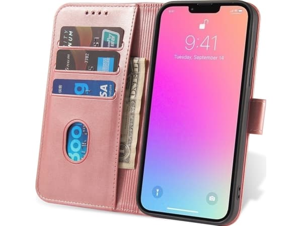 Hurtel Magnet Case elegant deksel med klaff og stativfunksjon for iPhone 13 Pro rosa