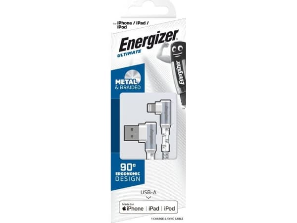 Energizer Ultimate - USB-A ja Lightning 90° MFi-sertifioitu pelikaapeli 2m (valkoinen)