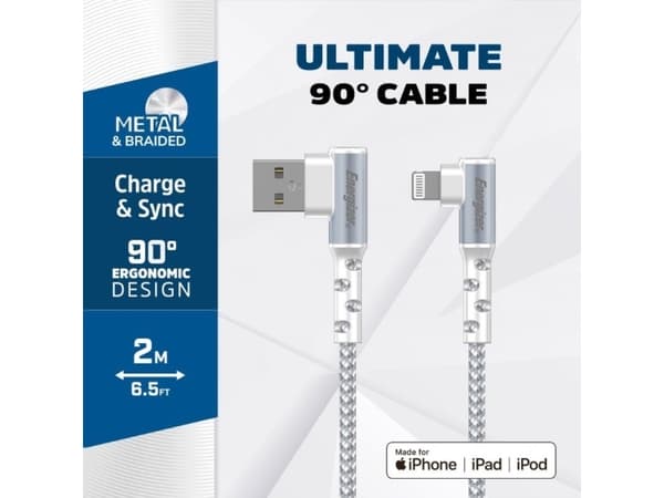 Energizer Ultimate - USB-A ja Lightning 90° MFi-sertifioitu pelikaapeli 2m (valkoinen)