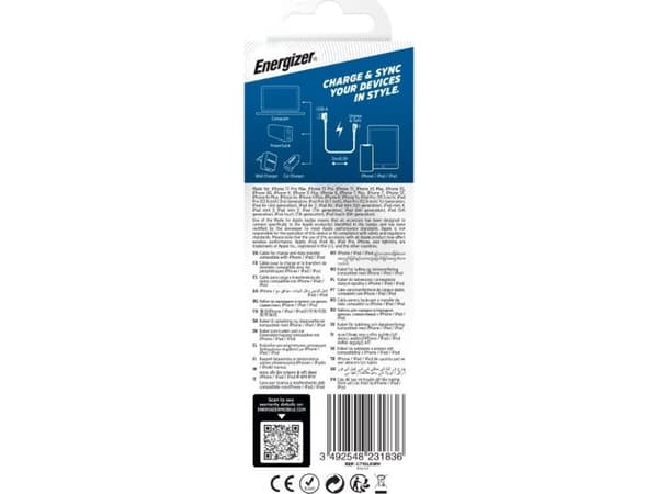 Energizer Ultimate - USB-A ja Lightning 90° MFi-sertifioitu pelikaapeli 2m (valkoinen)