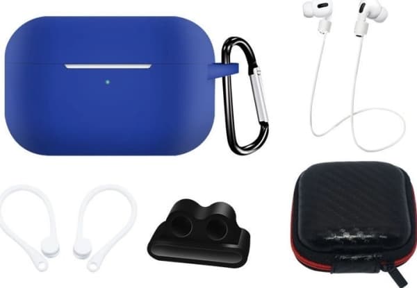 Sett med AirPods Pro 2 / AirPods Pro 1 silikonetui + etui / ørekrok / halsreim / klokkeremholder / karabinhage - blå