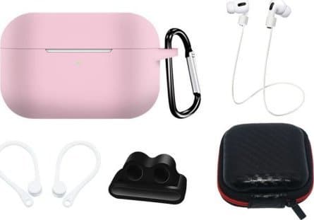 Sett med AirPods Pro 2 / AirPods Pro 1 silikonetui + etui / ørekrok / halsreim / klokkeremholder / karabinkrok - rosa