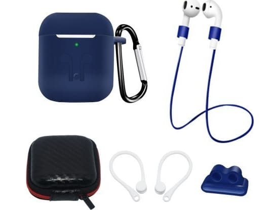 AirPods 2 / AirPods 1 silikonikotelosarja + kotelo / korvaklipsi / kaulahihna / kellon hihnan pidike / karabiini - sininen