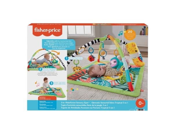 Fisher-Price 3-In-1 Baby & Toddler Gym, Baby Play Mat & Sensory Toys For Tummy Time, Rainforest, Vauvan leikkimatto, lelukaari, Tuottaa ääntä, Monivä