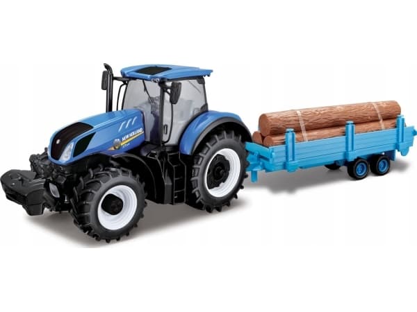 Teka New Holland T7.315 perävaunun ja olkipaalien kera