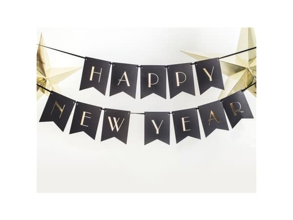 Happy New Year guirlande, sort og guld