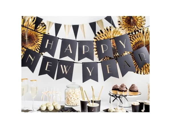 Happy New Year guirlande, sort og guld