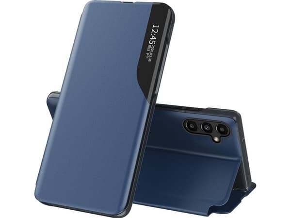 Hurtel Eco Leather View Case-deksel til Samsung Galaxy A14 med flip-stativ, blå