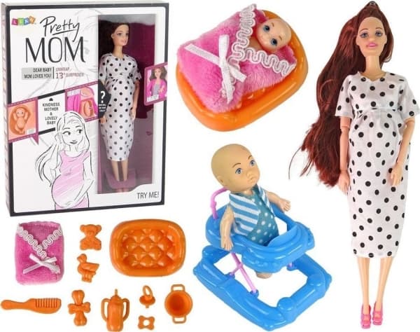 LeanToys gravid baby docka långt hår tillbehör