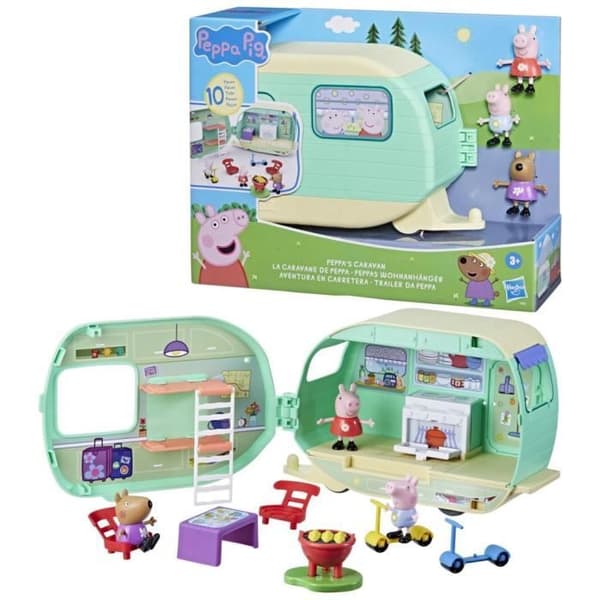 Peppa Pig, Peppas husvagn med 3 figurer och 6 tillbehör, förskoleleksaker för flickor och pojkar från 3 år och uppåt
