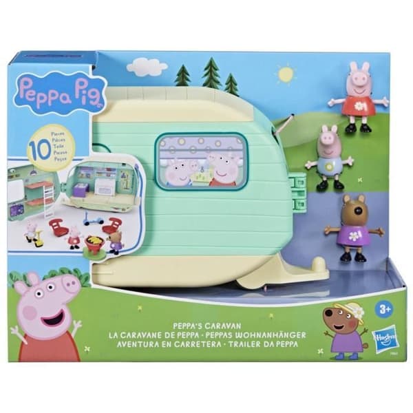 Peppa Pig, Peppas husvagn med 3 figurer och 6 tillbehör, förskoleleksaker för flickor och pojkar från 3 år och uppåt