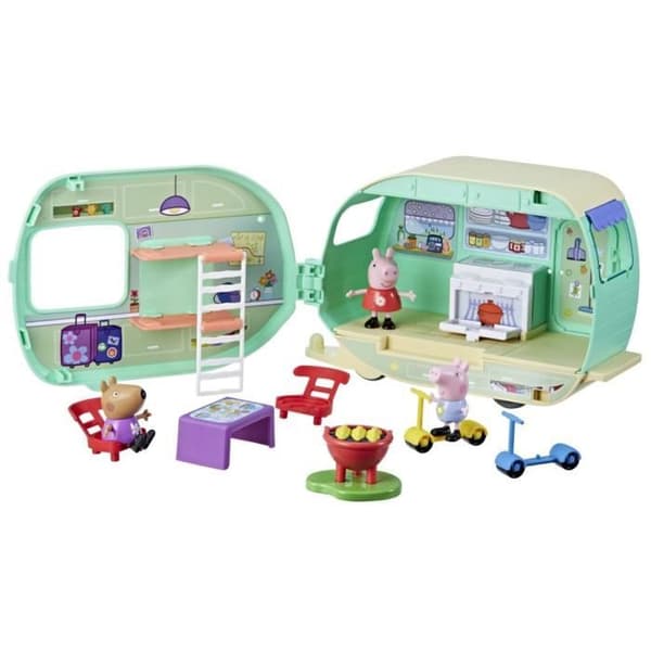 Peppa Pig, Peppas husvagn med 3 figurer och 6 tillbehör, förskoleleksaker för flickor och pojkar från 3 år och uppåt