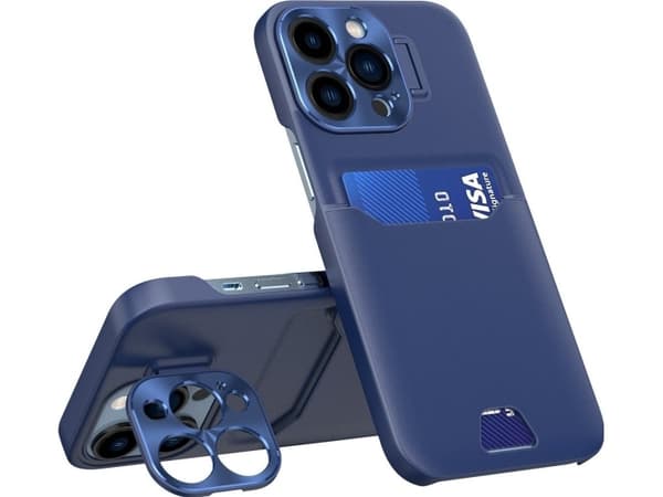 Hurtel Nahka Stand Case iPhone 14 Pro Max kortti lompakko tapauksessa jalusta sininen