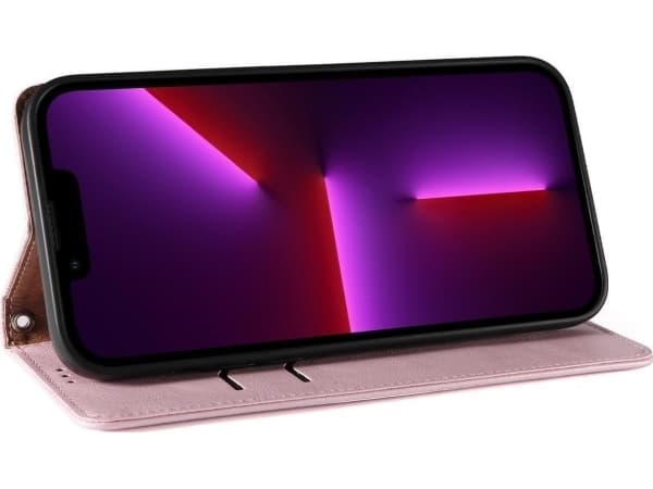 Hurtel Magneettihihna Kotelo iPhone 14 Plus flip kansi lompakko mini lanyard jalusta vaaleanpunainen