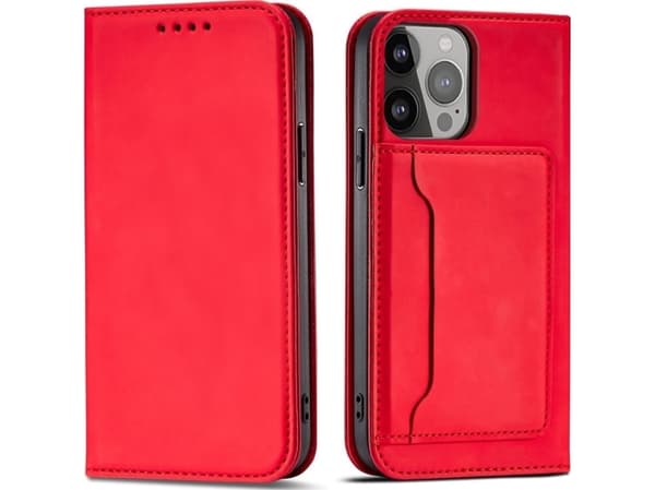 Hurtel Magnet Card Case iPhone 14 Pro Max deksel med klaff lommebokstativ rød