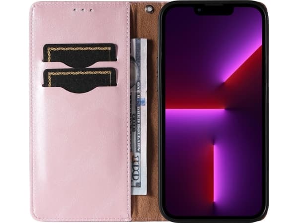 Hurtel Magnet Strap Case iPhone 14 Pro Max Flip Cover Lommebok Mini Lanyard Stand Rosa