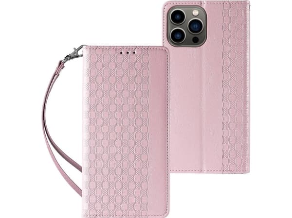 Hurtel Magnet Strap Case iPhone 14 Pro Max Flip Cover Lommebok Mini Lanyard Stand Rosa