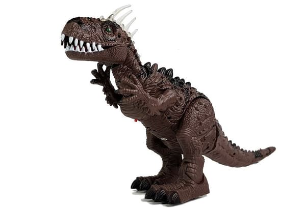 Brun batteridriven dinosaurie rör sig med en ljudprojektor