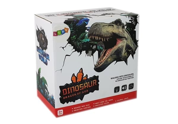 Brun batteridriven dinosaurie rör sig med en ljudprojektor