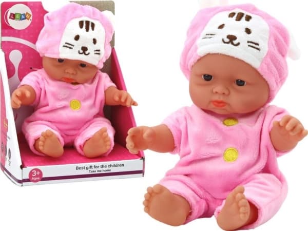 LeanToys liten babydukke, rosa klær, kaninhatt