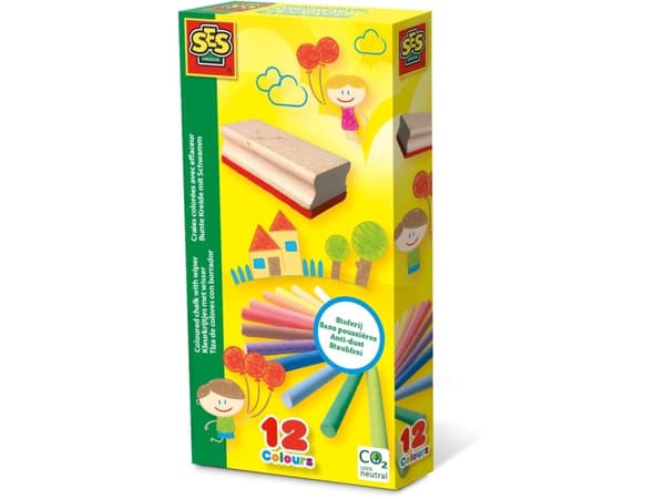 SES Creative Coloured chalk with wiper, 12 kpl, Monivärinen, 12 väriä